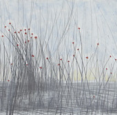 Red Flowers Oil, encaustic and graphite on panel 12” H x 36” W