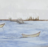 Three Boats Oil, encaustic and graphite on panel 12” H x 36” W